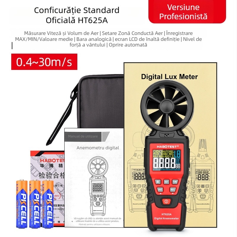 Anemometru portabil HABOTEST HT625A/B, tester digital de volum de aer, cu precizie înaltă pentru viteza vântului, temperatură și umiditate