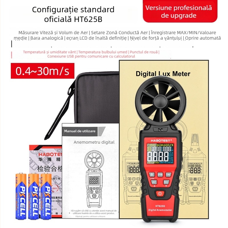 Anemometru portabil HABOTEST HT625A/B, tester digital de volum de aer, cu precizie înaltă pentru viteza vântului, temperatură și umiditate