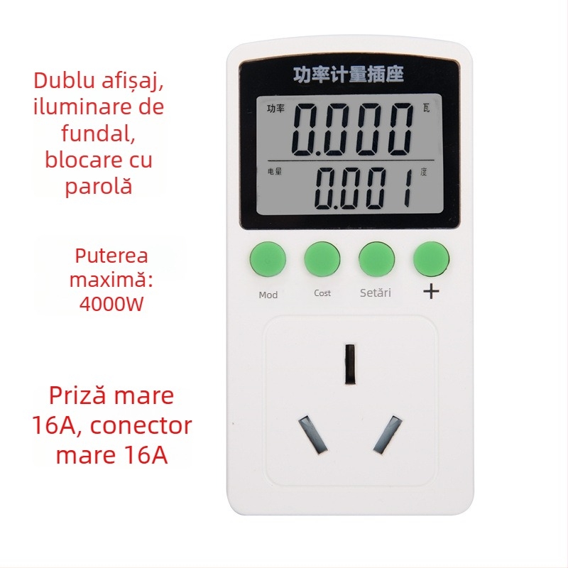 Coward monitor de energie pentru uz casnic, cu priză de măsurare – măsoară tensiunea, curentul și puterea; afișaj numeric; 50 Hz.