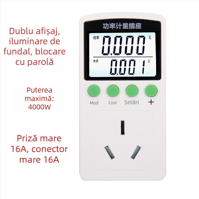 Coward monitor de energie pentru uz casnic, cu priză de măsurare – măsoară tensiunea, curentul și puterea; afișaj numeric; 50 Hz.
