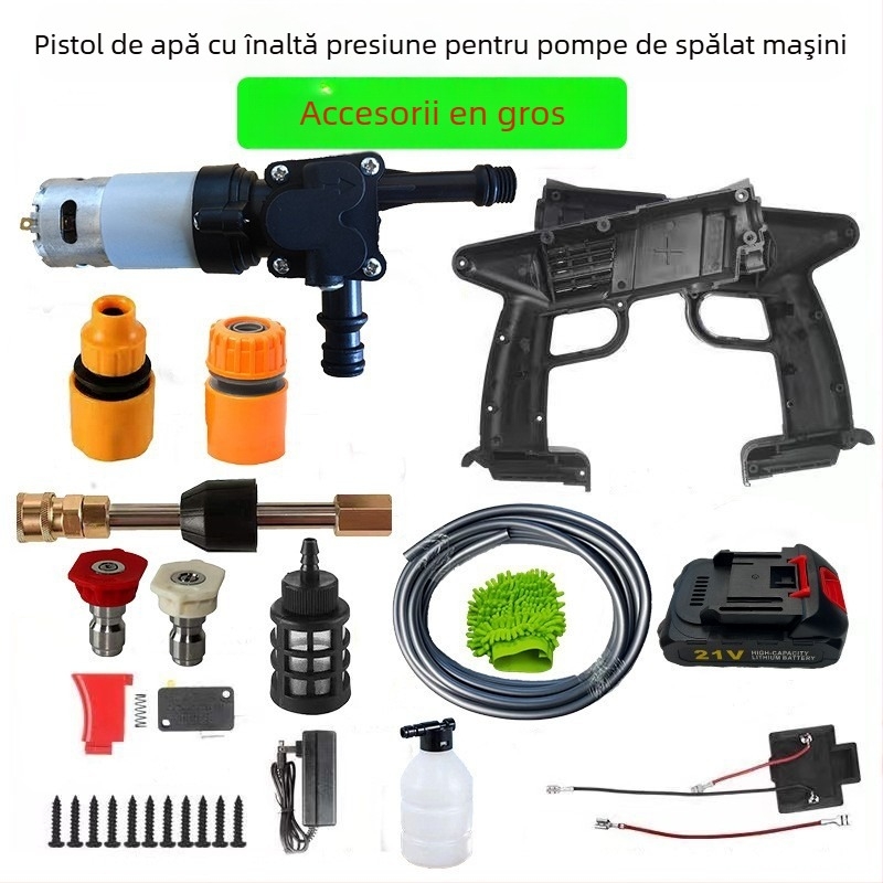 Pompa de spălat auto cu pistol de înaltă presiune — cap pistol din aliaj metalic (oțel inox/bronz), mâner din plastic, rază de pulverizare 5–8 m, presiune 30 bar, greutate 2,2 kg