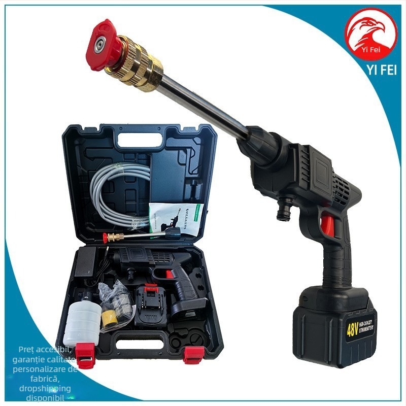 Pompa de spălat auto cu pistol de înaltă presiune — cap pistol din aliaj metalic (oțel inox/bronz), mâner din plastic, rază de pulverizare 5–8 m, presiune 30 bar, greutate 2,2 kg