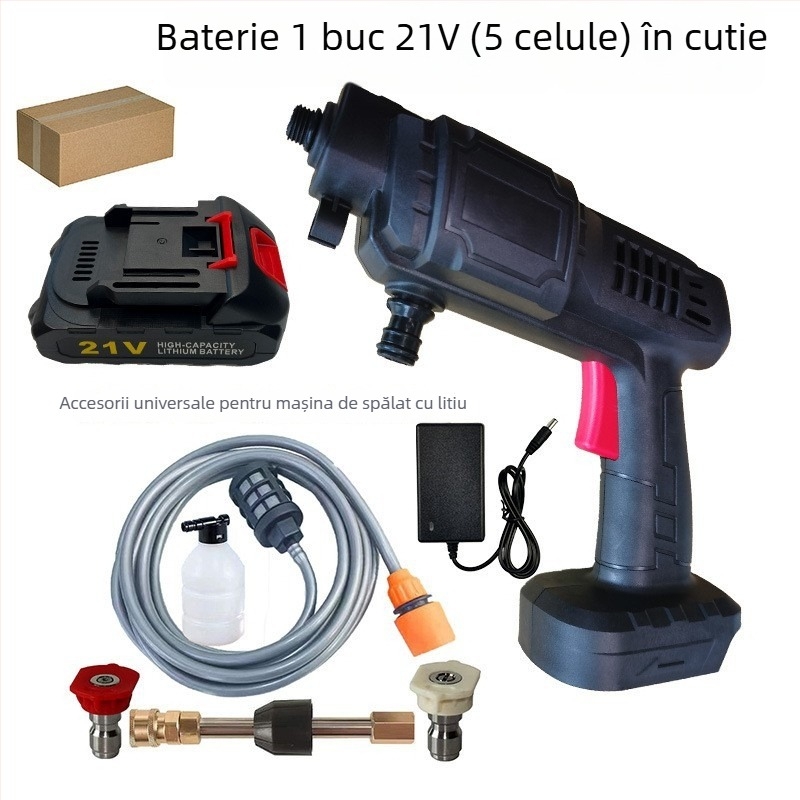 Pompa de spălat auto cu pistol de înaltă presiune — cap pistol din aliaj metalic (oțel inox/bronz), mâner din plastic, rază de pulverizare 5–8 m, presiune 30 bar, greutate 2,2 kg