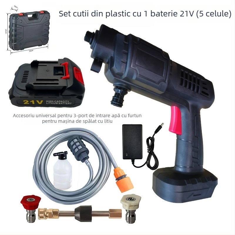 Pompa de spălat auto cu pistol de înaltă presiune — cap pistol din aliaj metalic (oțel inox/bronz), mâner din plastic, rază de pulverizare 5–8 m, presiune 30 bar, greutate 2,2 kg