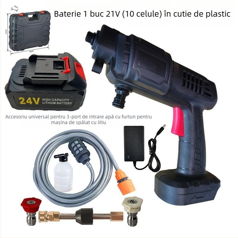 Pompa de spălat auto cu pistol de înaltă presiune — cap pistol din aliaj metalic (oțel inox/bronz), mâner din plastic, rază de pulverizare 5–8 m, presiune 30 bar, greutate 2,2 kg