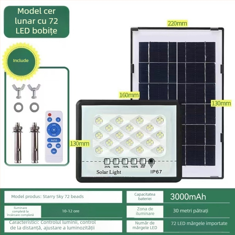 Proiector LED solar pentru exterior, IP67 rezistent la apă, 100W, 3.2V, întrerupător inductiv, autonomie 12–16 ore
