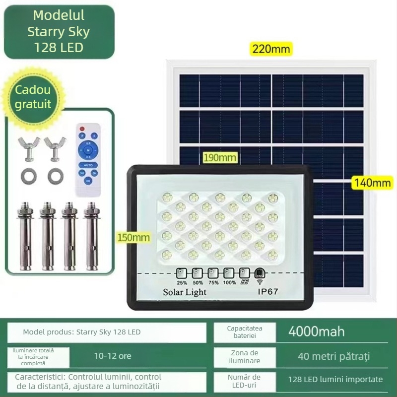 Proiector LED solar pentru exterior, IP67 rezistent la apă, 100W, 3.2V, întrerupător inductiv, autonomie 12–16 ore