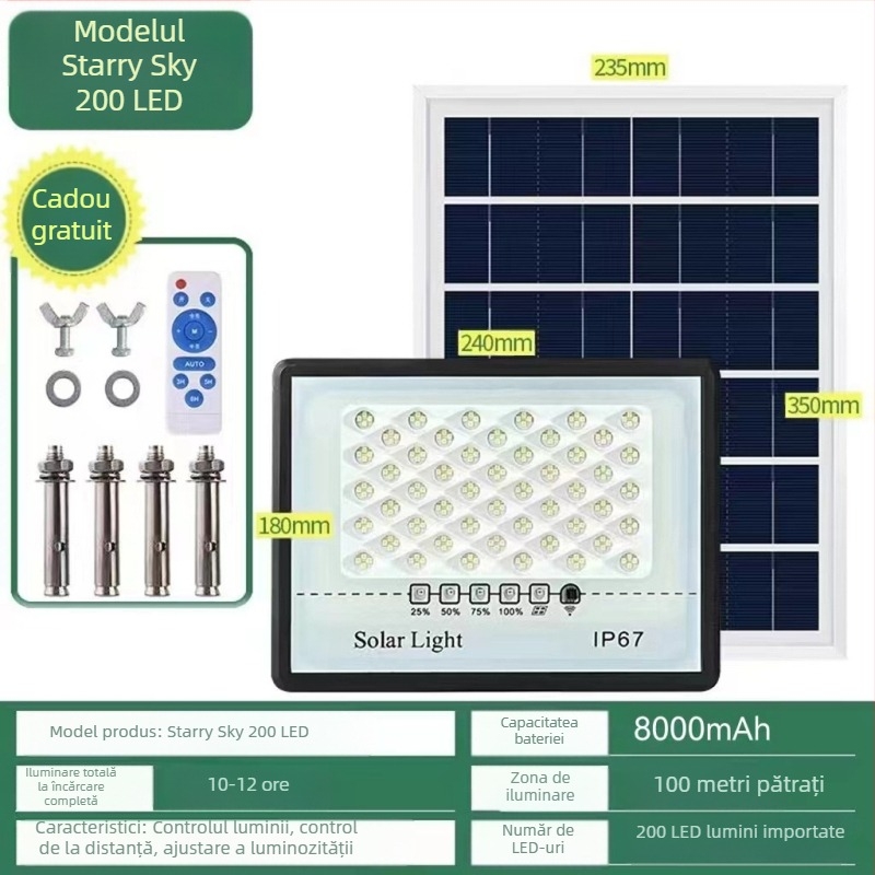 Proiector LED solar pentru exterior, IP67 rezistent la apă, 100W, 3.2V, întrerupător inductiv, autonomie 12–16 ore