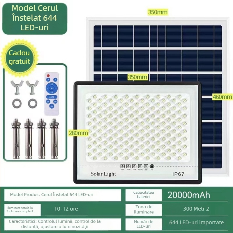 Proiector LED solar pentru exterior, IP67 rezistent la apă, 100W, 3.2V, întrerupător inductiv, autonomie 12–16 ore