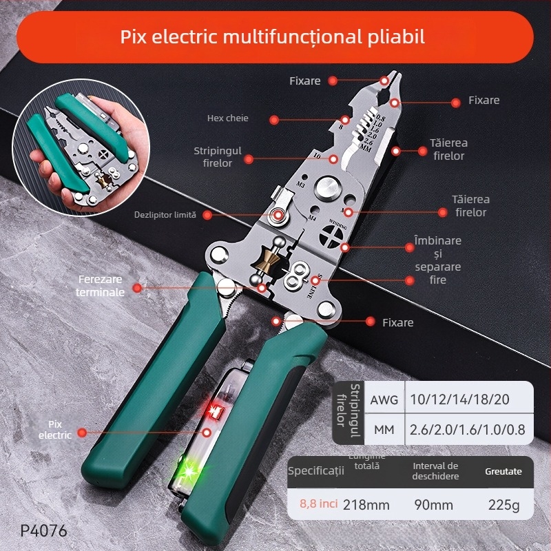 Clește pliabil pentru dezizolarea cablurilor cu detecție a firului viu pentru electricieni (Brand: Enjoy; Greutate: 0.20; Tip: clește de dezizolat cabluri; Caracteristici: pliabil, detecție fir viu)