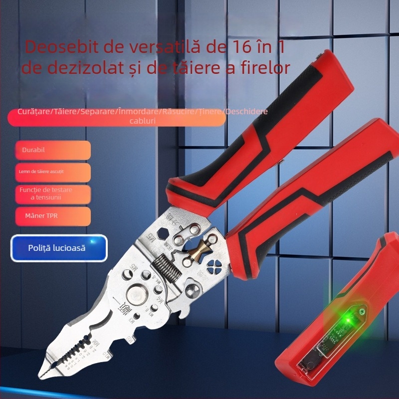 Unealtă 16 în 1 pentru dezizolarea, crimparea și tăierea conductorilor; Greutate: 210 g