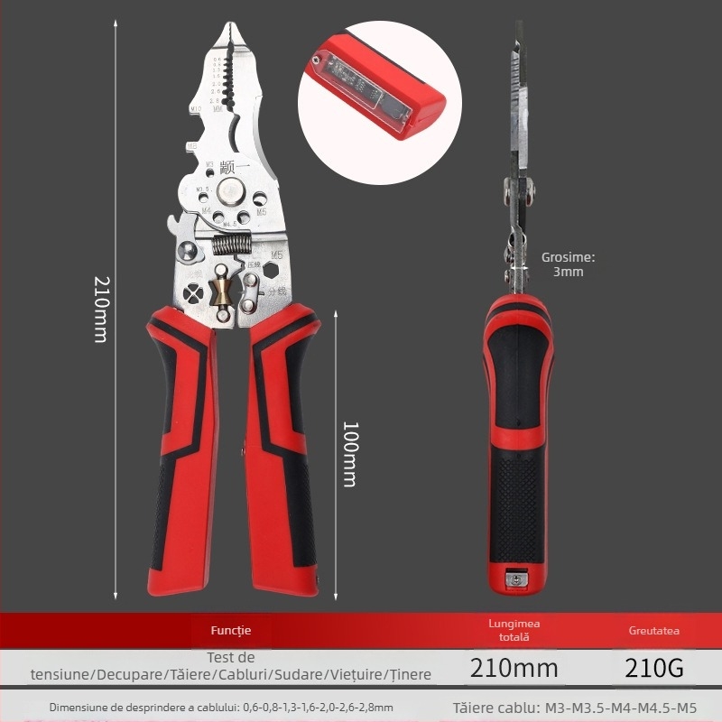 Unealtă 16 în 1 pentru dezizolarea, crimparea și tăierea conductorilor; Greutate: 210 g
