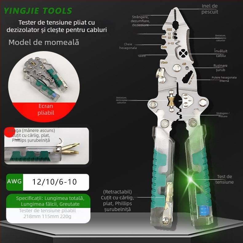 Hero șurubelniță electrică pliabilă și clește pentru izolația cablurilor, vârf ascuțit, greutate 220 g, clește de test pliabil