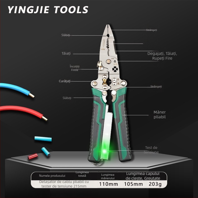 Hero Clește de dezizolat cabluri cu tester de tensiune – gură dreaptă, greutate 0,2