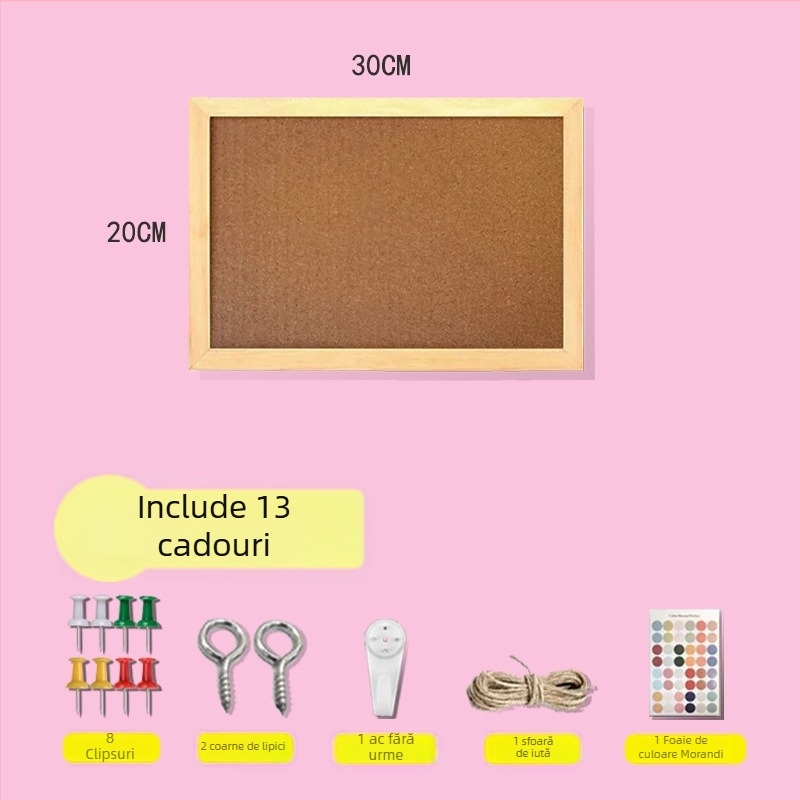 Panou din plută cu ramă din lemn, pentru fotografii și mesaje de birou — stil desen animat