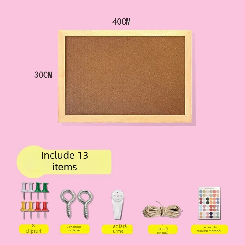 Panou din plută cu ramă din lemn, pentru fotografii și mesaje de birou — stil desen animat