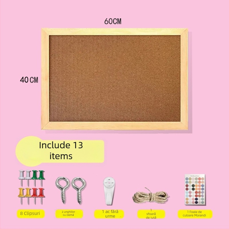 Panou din plută cu ramă din lemn, pentru fotografii și mesaje de birou — stil desen animat