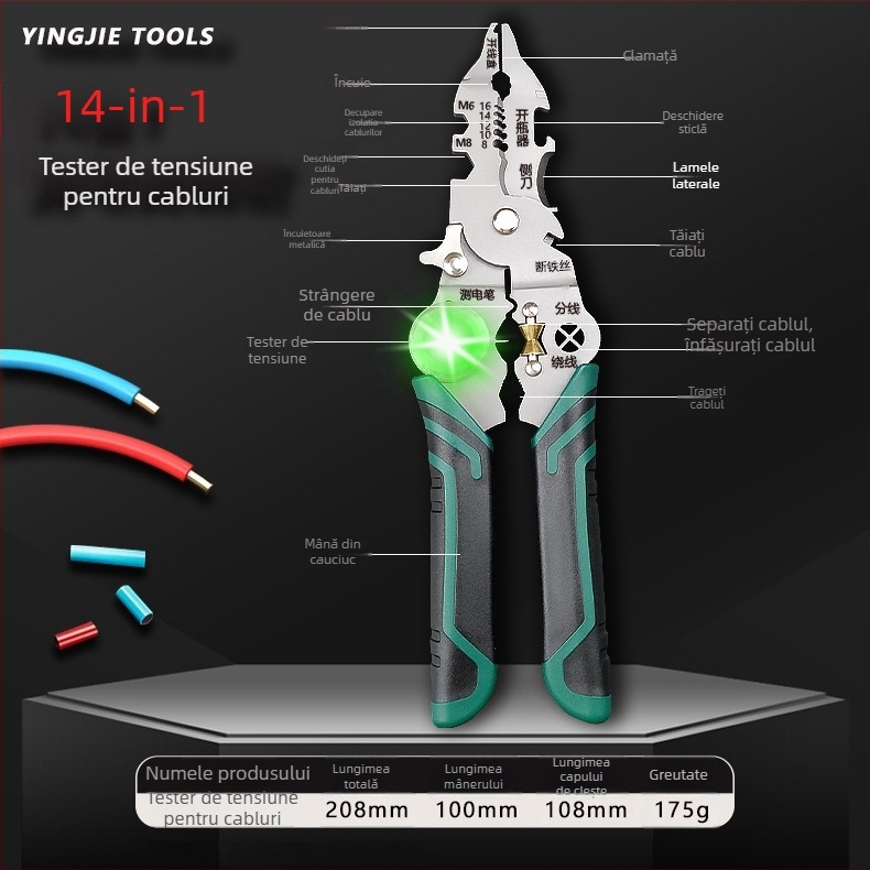 Clește pentru dezizolarea cablurilor cu tester de tensiune, cap drept, 0,17 kg, Hero