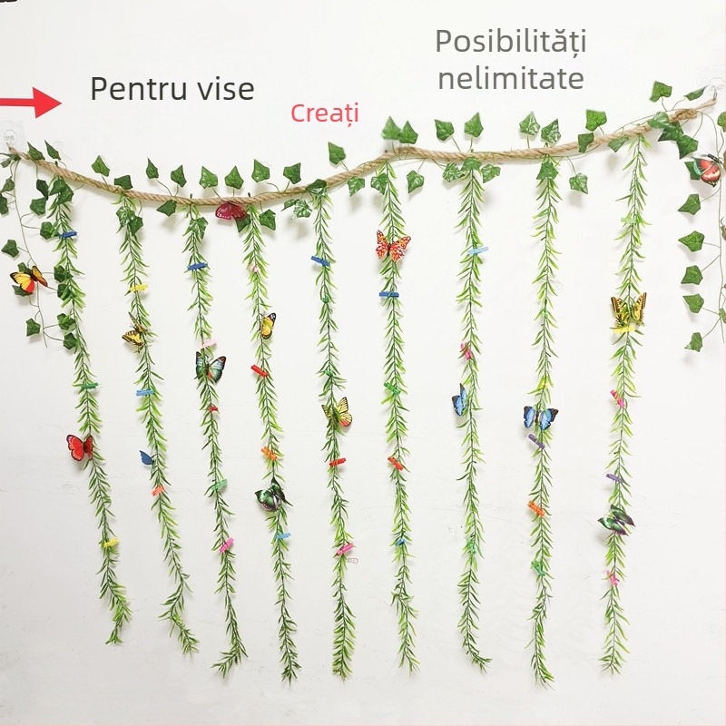 Decorațiune de perete pentru fotografii cu clipsuri autoadezive din sfoară de cânepă, stil copac/rafia, design simplu, fără găuri
