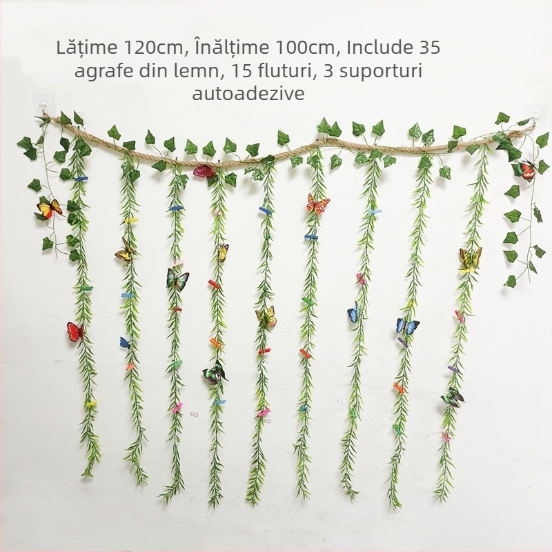 Decorațiune de perete pentru fotografii cu clipsuri autoadezive din sfoară de cânepă, stil copac/rafia, design simplu, fără găuri