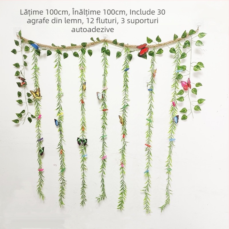 Decorațiune de perete pentru fotografii cu clipsuri autoadezive din sfoară de cânepă, stil copac/rafia, design simplu, fără găuri