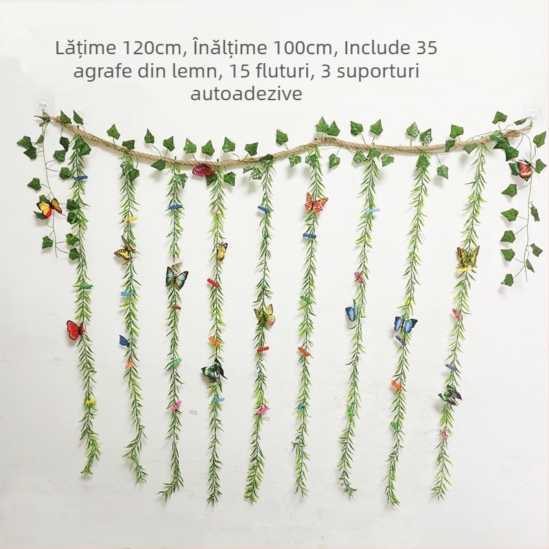 Decorațiune de perete pentru fotografii cu clipsuri autoadezive din sfoară de cânepă, stil copac/rafia, design simplu, fără găuri