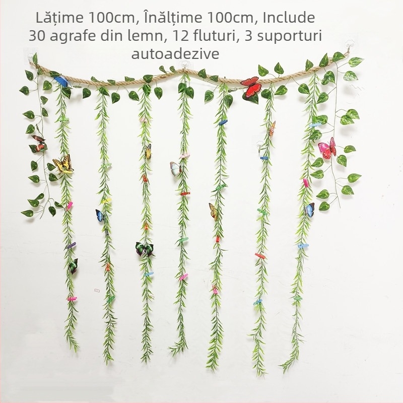 Decorațiune de perete pentru fotografii cu clipsuri autoadezive din sfoară de cânepă, stil copac/rafia, design simplu, fără găuri