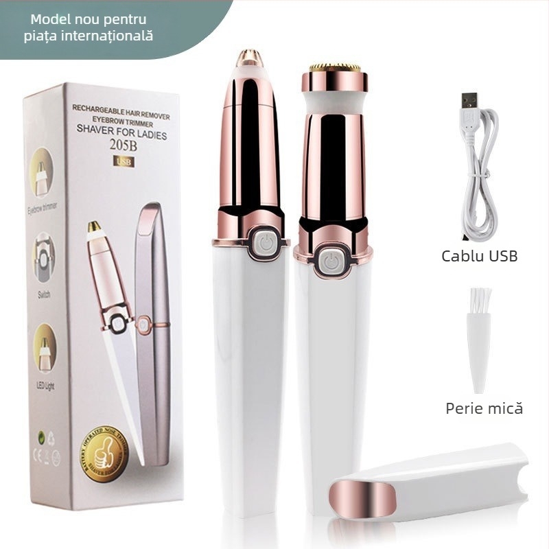 Aparat electric de ras și depilare, 2-in-1, mini aparat de ras pentru față cu trimmer pentru sprâncene, model BZ-205B, alimentare USB, corp din ABS, potrivit pentru utilizare umedă și uscată.