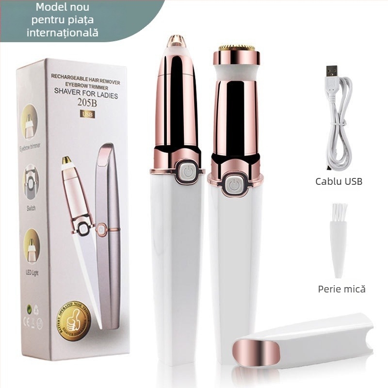 Aparat electric de ras și depilare, 2-in-1, mini aparat de ras pentru față cu trimmer pentru sprâncene, model BZ-205B, alimentare USB, corp din ABS, potrivit pentru utilizare umedă și uscată.