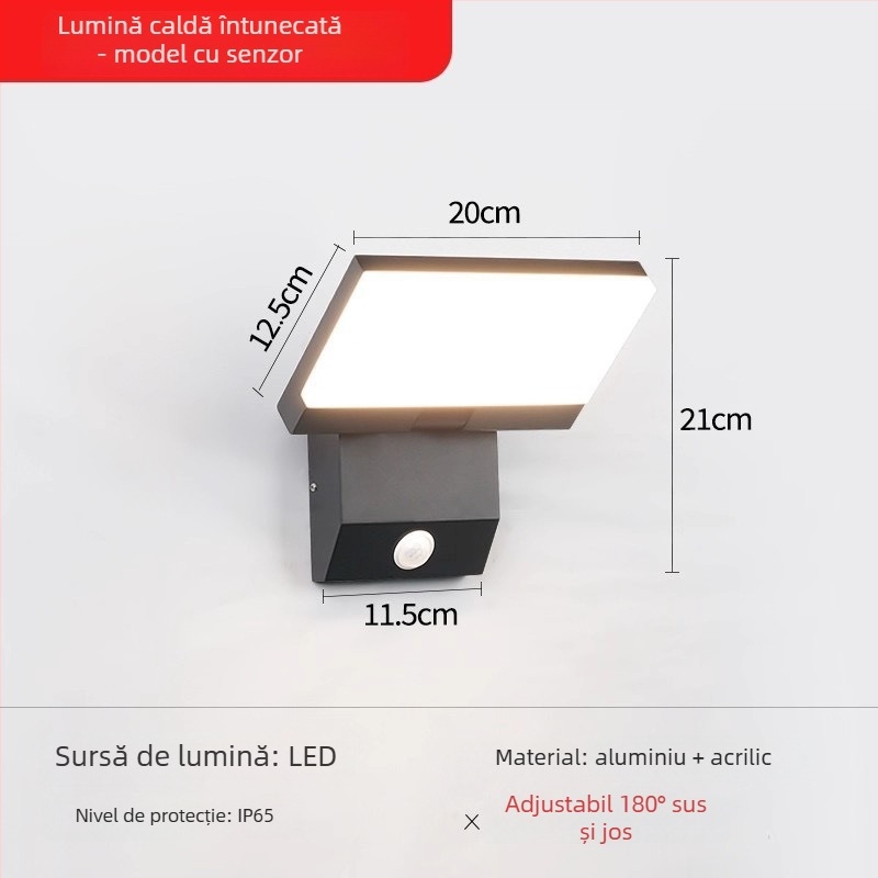 Lampă de perete exterior impermeabilă cu senzor pentru vile, curți și grădini - pliabilă și rotativă, 220V, 36 LED, 990 lm, IP65, 3000-6500K