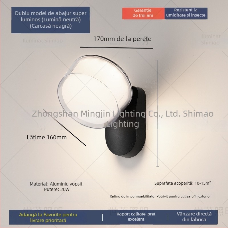 Lampa de perete LED exterior impermeabilă cu senzor, corp din aluminiu (220V, 120 lm, 3000K, 60°, IP54)