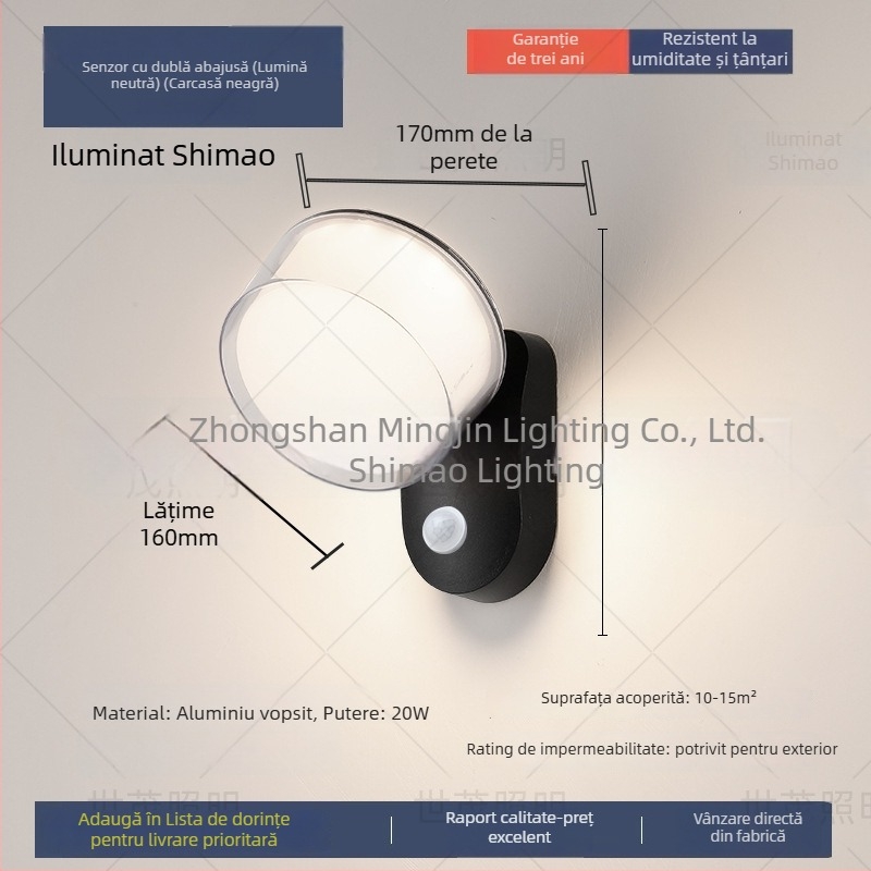 Lampa de perete LED exterior impermeabilă cu senzor, corp din aluminiu (220V, 120 lm, 3000K, 60°, IP54)