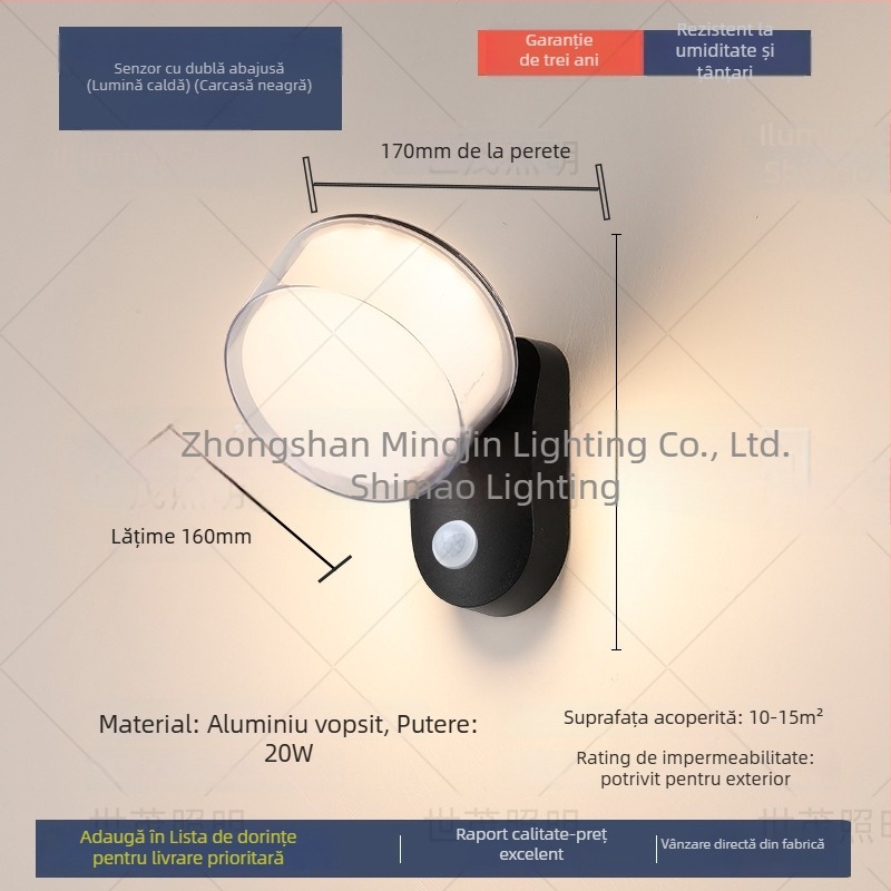 Lampa de perete LED exterior impermeabilă cu senzor, corp din aluminiu (220V, 120 lm, 3000K, 60°, IP54)