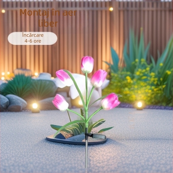 Lampa solară de grădină impermeabilă, în formă de plantă, model YD-007; materiale: oțel inoxidabil + conductă PC + ABS; timp de funcționare: 6–12 ore