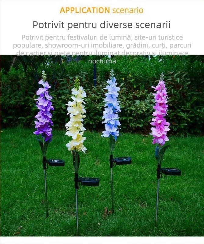 Lampa solară de grădină impermeabilă, în formă de plantă, model YD-007; materiale: oțel inoxidabil + conductă PC + ABS; timp de funcționare: 6–12 ore