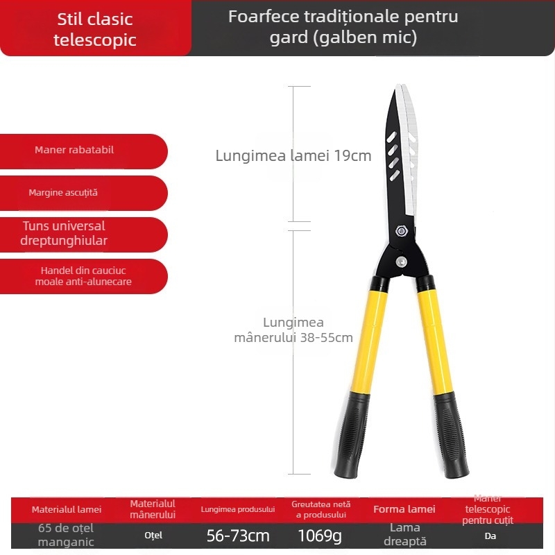 Foarfă de grădină cu mâner extensibil – oțel SK5, pentru pomi fructiferi, ramuri înalte, garduri vii și gazon, economie de efort