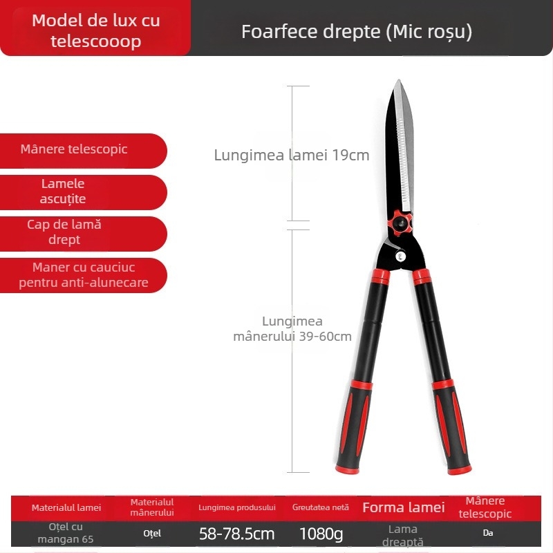 Foarfă de grădină cu mâner extensibil – oțel SK5, pentru pomi fructiferi, ramuri înalte, garduri vii și gazon, economie de efort