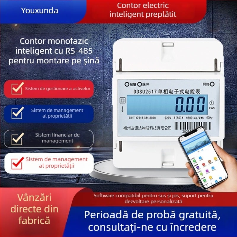 Contor inteligent monofazic 4P, montat pe șină, pentru locuințe închiriate, cu RS485, contor de energie multifuncțional