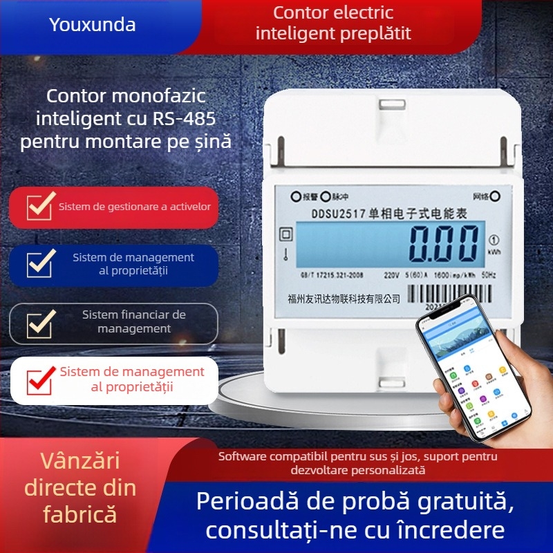 Contor inteligent monofazic 4P, montat pe șină, pentru locuințe închiriate, cu RS485, contor de energie multifuncțional