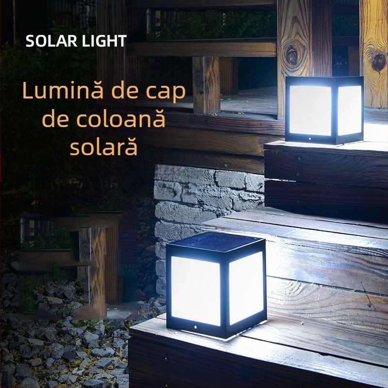 Lampa solară pentru coloană cu LED, exterior impermeabil IP65, 5W, 2.4V, întrerupător inductiv, model Square Column Head Lamp