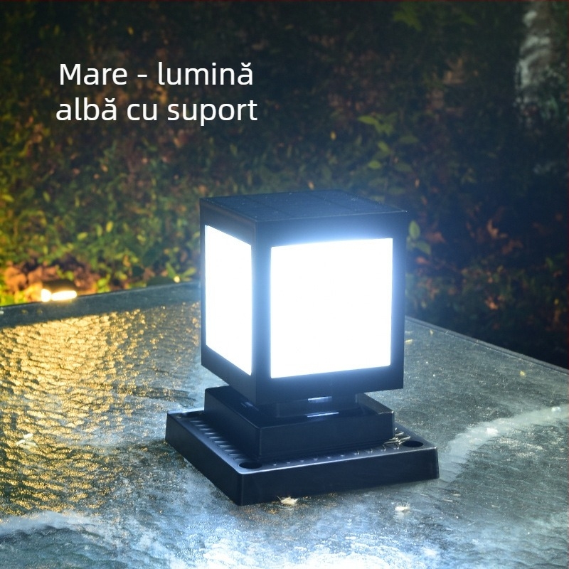 Lampa solară pentru coloană cu LED, exterior impermeabil IP65, 5W, 2.4V, întrerupător inductiv, model Square Column Head Lamp