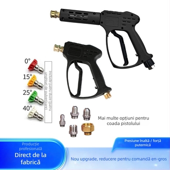 Cap pistolă pentru spălare auto cu presiune înaltă – corp din plastic; cuplă din cupru; duză din aliaj; mâner cu priză pentru deget; tip jet: ventilator sau jet de apă