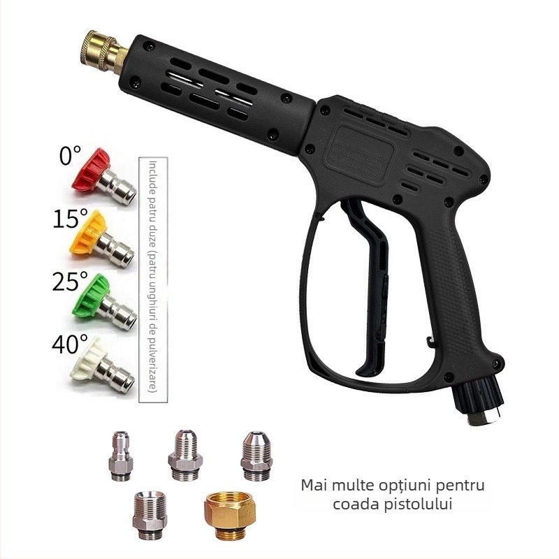 Cap pistolă pentru spălare auto cu presiune înaltă – corp din plastic; cuplă din cupru; duză din aliaj; mâner cu priză pentru deget; tip jet: ventilator sau jet de apă