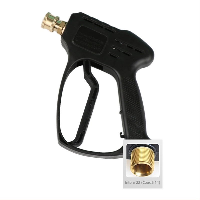 Cap pistolă pentru spălare auto cu presiune înaltă – corp din plastic; cuplă din cupru; duză din aliaj; mâner cu priză pentru deget; tip jet: ventilator sau jet de apă