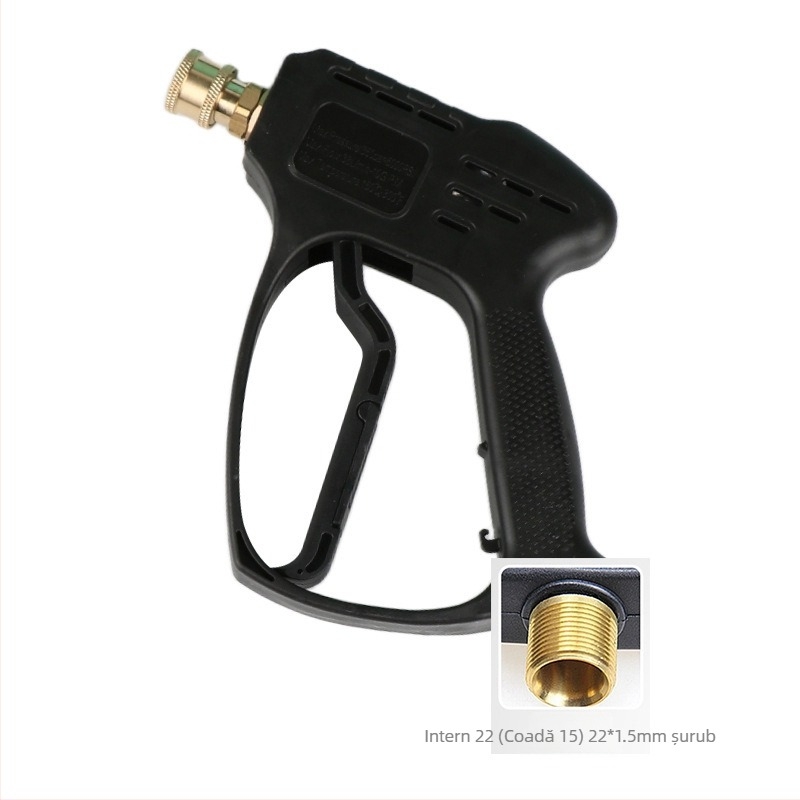 Cap pistolă pentru spălare auto cu presiune înaltă – corp din plastic; cuplă din cupru; duză din aliaj; mâner cu priză pentru deget; tip jet: ventilator sau jet de apă