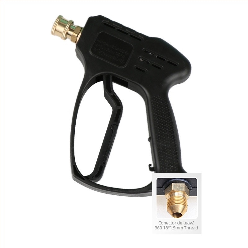Cap pistolă pentru spălare auto cu presiune înaltă – corp din plastic; cuplă din cupru; duză din aliaj; mâner cu priză pentru deget; tip jet: ventilator sau jet de apă