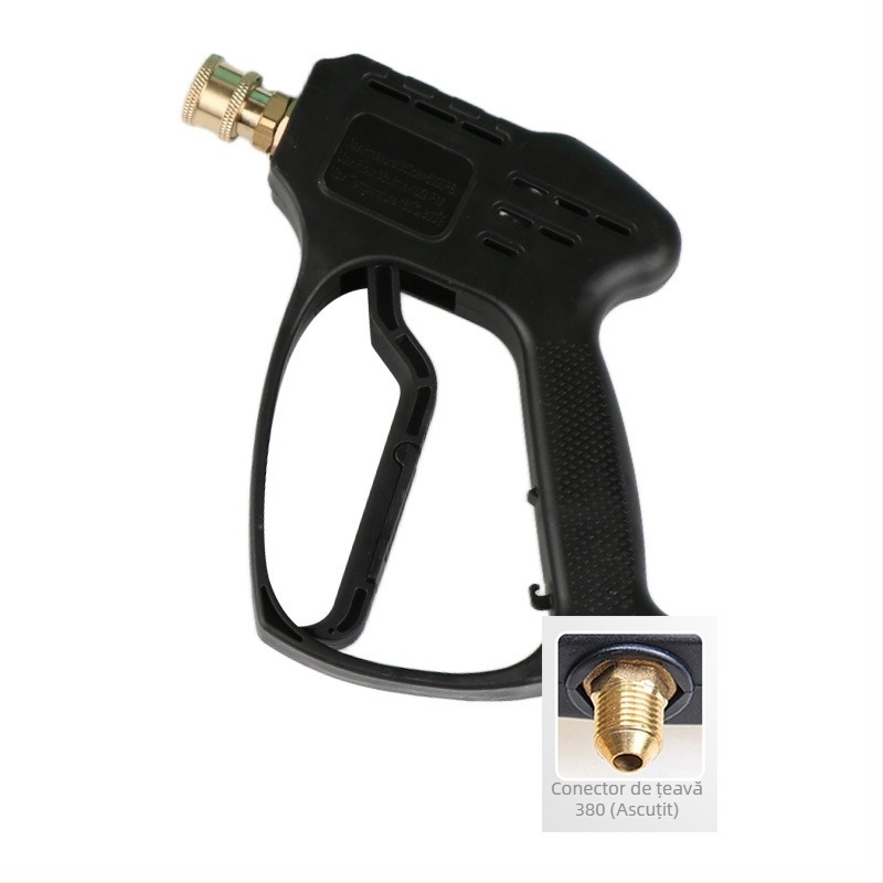 Cap pistolă pentru spălare auto cu presiune înaltă – corp din plastic; cuplă din cupru; duză din aliaj; mâner cu priză pentru deget; tip jet: ventilator sau jet de apă