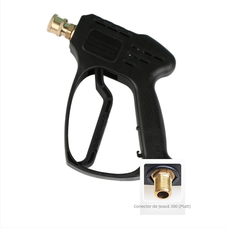 Cap pistolă pentru spălare auto cu presiune înaltă – corp din plastic; cuplă din cupru; duză din aliaj; mâner cu priză pentru deget; tip jet: ventilator sau jet de apă
