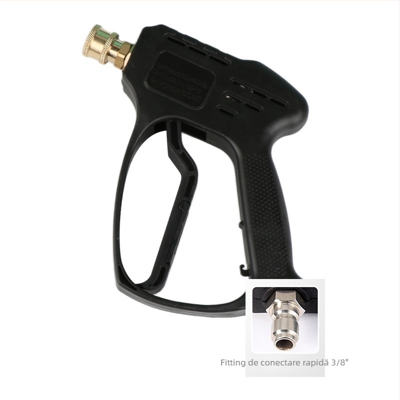 Cap pistolă pentru spălare auto cu presiune înaltă – corp din plastic; cuplă din cupru; duză din aliaj; mâner cu priză pentru deget; tip jet: ventilator sau jet de apă
