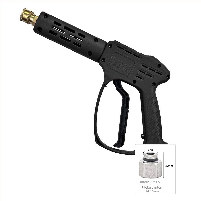 Cap pistolă pentru spălare auto cu presiune înaltă – corp din plastic; cuplă din cupru; duză din aliaj; mâner cu priză pentru deget; tip jet: ventilator sau jet de apă